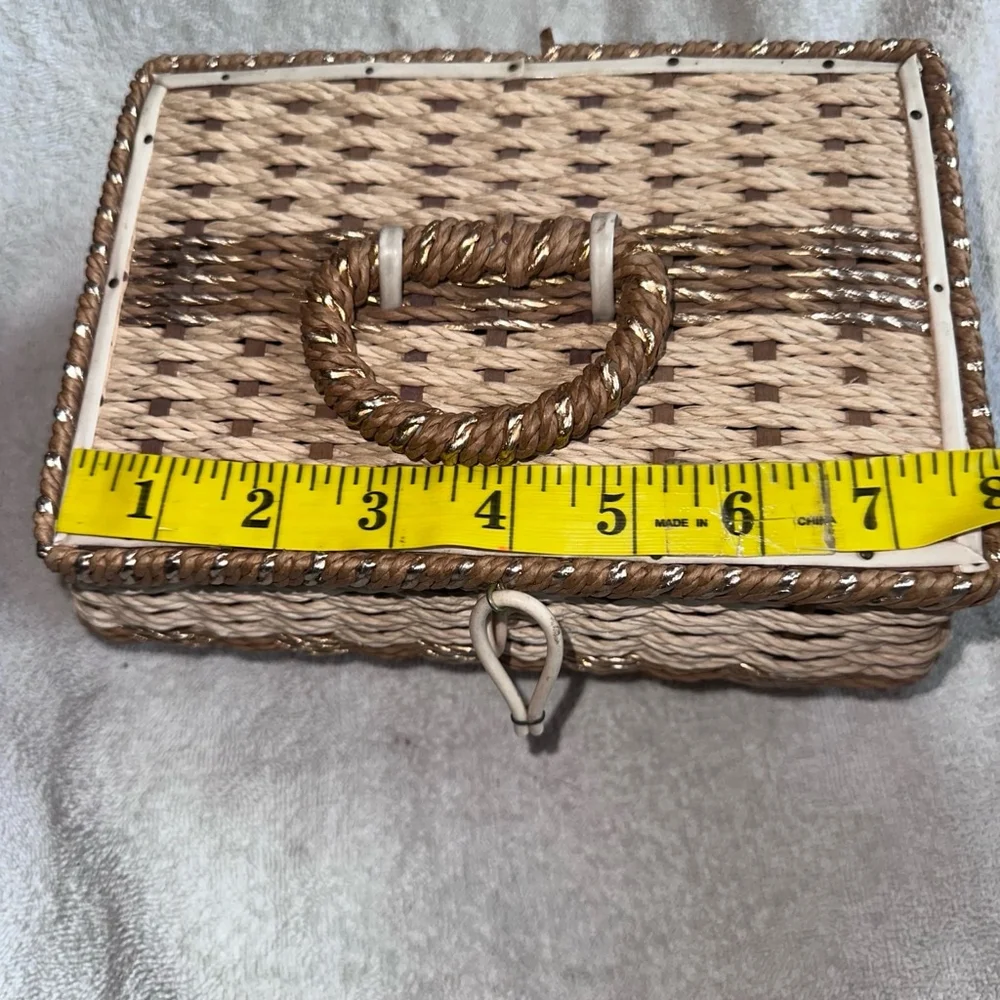 Vintage Braided Woven Wicker Sewing Basket Box Green Satin Lined Japan MCM